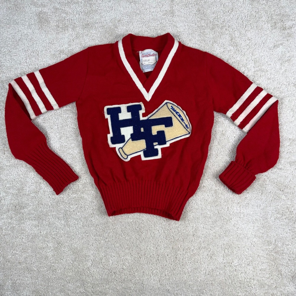 Vintage Spirit Leaders Kids Red Cheerleader Sweater HF Megaphone Jeanie Size 10